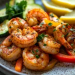 Close-up of cajun shrimp and veggies cooked in an air fryer, vibrant and appetizing.