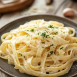 Close-up of creamy pasta dish under candle light, perfect for a romantic dinner setting.
