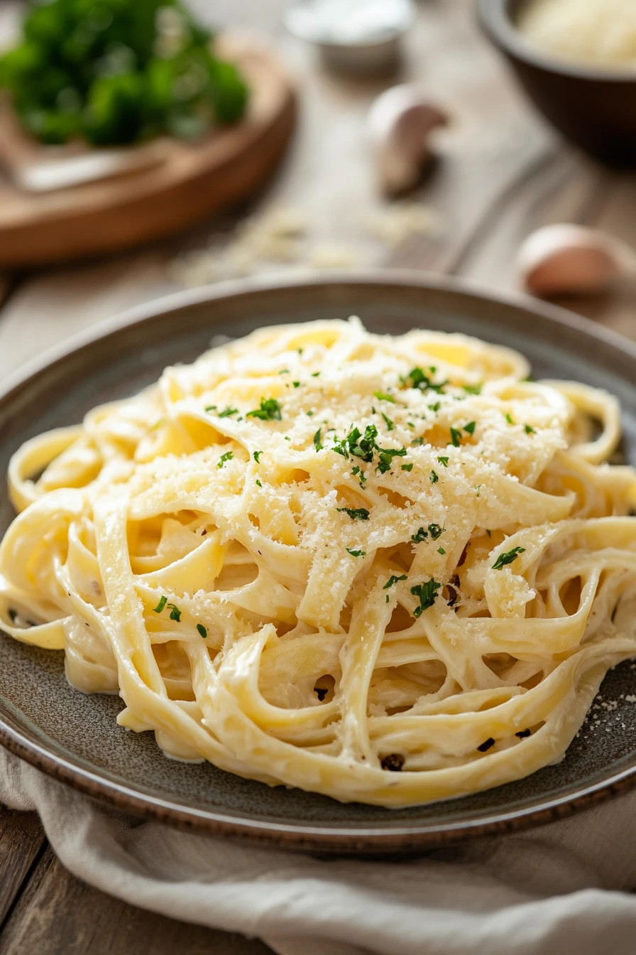Close-up of creamy pasta dish under candle light, perfect for a romantic dinner setting.