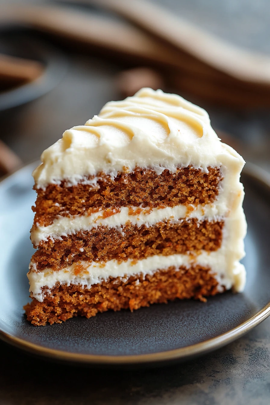 Close-up of carrot cake with cream cheese frosting, showcasing its texture and rich layers.