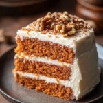Close-up of a carrot cake with almond flour topped with cream cheese frosting and walnuts