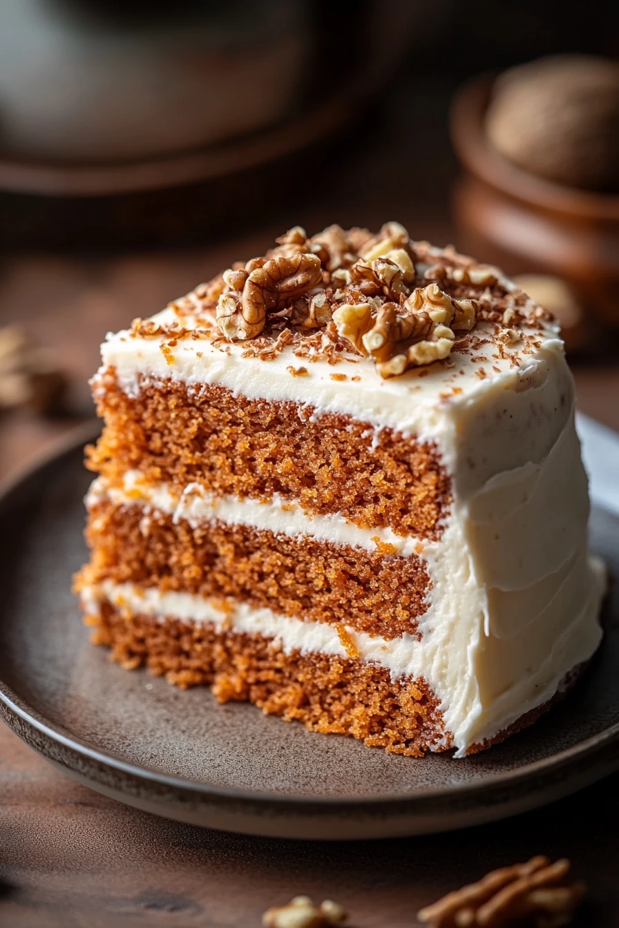 Close-up of a carrot cake with almond flour topped with cream cheese frosting and walnuts