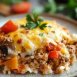 Close-up of a casserole with ground turkey and vegetables, perfect for dinner.