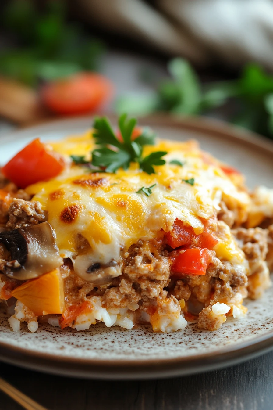 Close-up of a casserole with ground turkey and vegetables, perfect for dinner.