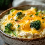 Close-up of cheesy chicken broccoli rice casserole with instant rice, topped with melted cheese and herbs.