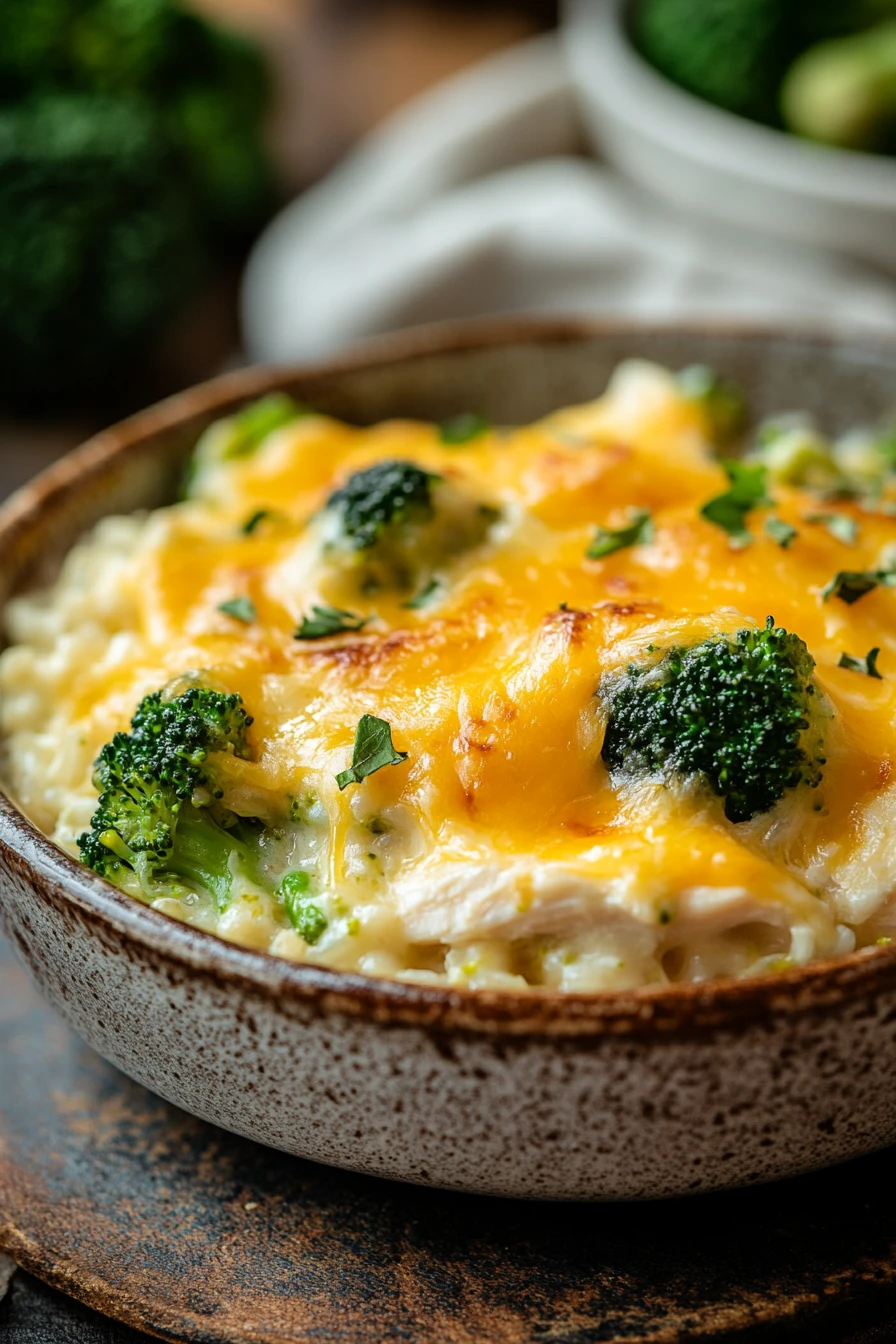 Close-up of cheesy chicken broccoli rice casserole with instant rice, topped with melted cheese and herbs.