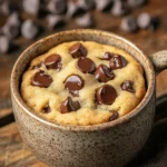 Close-up of a chewy cookie in a mug with warm lighting and minimal background.
