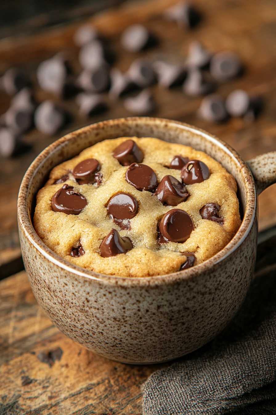 Close-up of a chewy cookie in a mug with warm lighting and minimal background.
