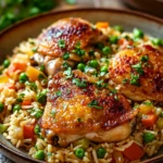 Close-up of a delicious chicken and rice dish with herbs, perfect for dinner.