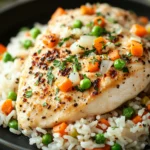 Close-up of chicken breast and rice bake with golden crust and herbs