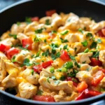 Close-up of a chicken breast breakfast dish with creamy sauce and herbs
