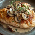 Close-up of chicken breast with mushrooms in a creamy sauce, garnished with herbs.