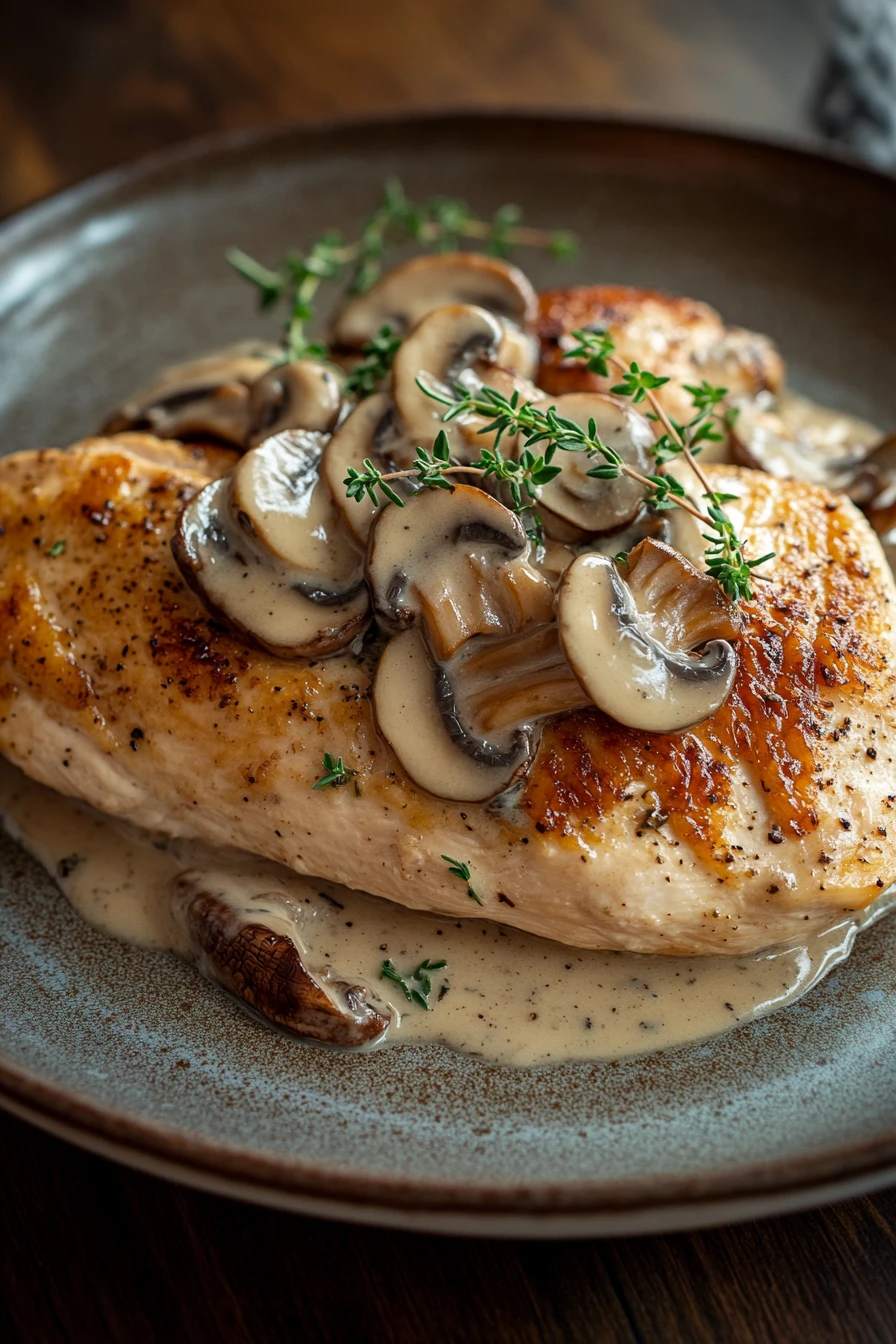 Close-up of chicken breast with mushrooms in a creamy sauce, garnished with herbs.