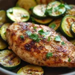 Close-up of grilled chicken breast with zucchini slices, garnished with herbs on a plate.