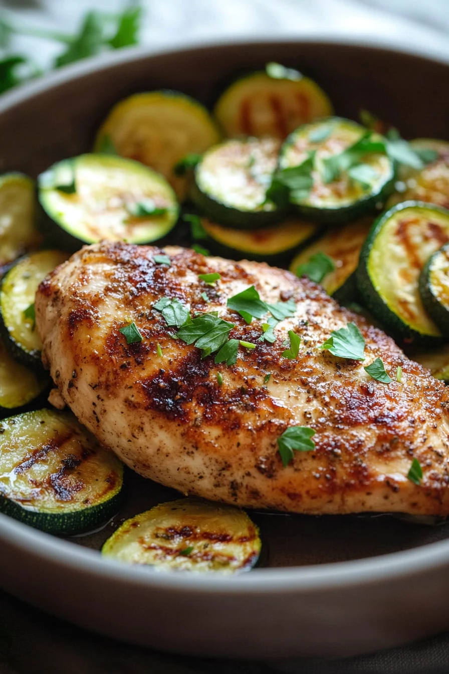 Close-up of grilled chicken breast with zucchini slices, garnished with herbs on a plate.