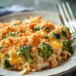 Close-up of a chicken broccoli casserole with creamy sauce and melted cheese