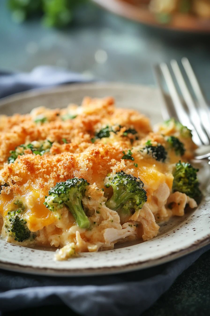 Close-up of a chicken broccoli casserole with creamy sauce and melted cheese
