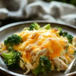 Close-up of a chicken broccoli casserole with visible chicken pieces and broccoli florets in a creamy sauce.