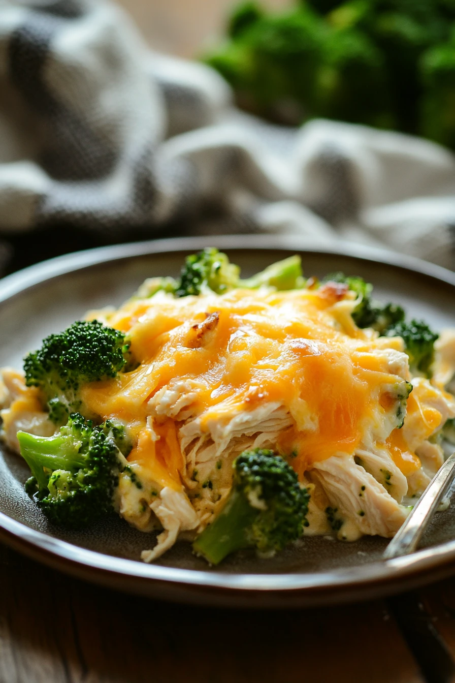 Close-up of a chicken broccoli casserole with visible chicken pieces and broccoli florets in a creamy sauce.