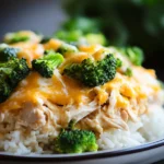 Close-up of chicken broccoli casserole rice with creamy sauce and herbs