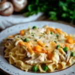 Close-up of chicken casserole with egg noodles in a creamy sauce