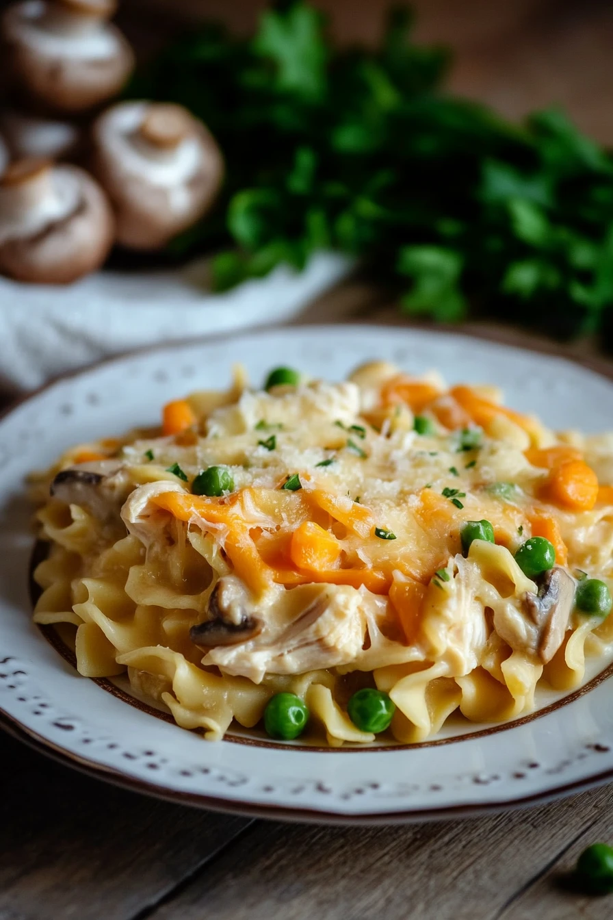 Close-up of chicken casserole with egg noodles in a creamy sauce
