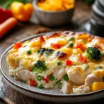 Close-up of chicken rice and vegetables casserole with bright colors and minimal background