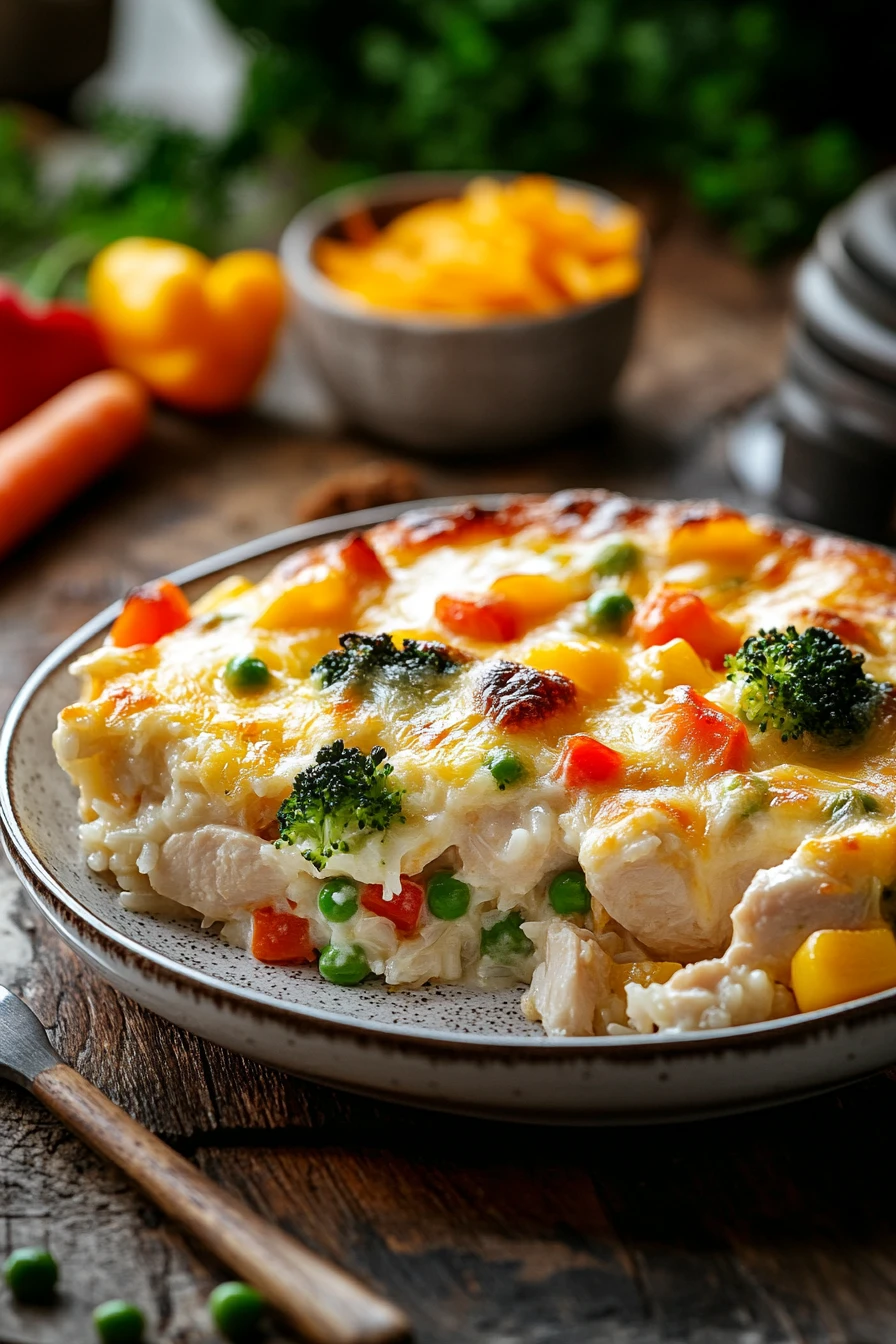 Close-up of chicken rice and vegetables casserole with bright colors and minimal background