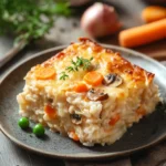 Close-up of chicken rice casserole with creamy sauce, garnished with herbs