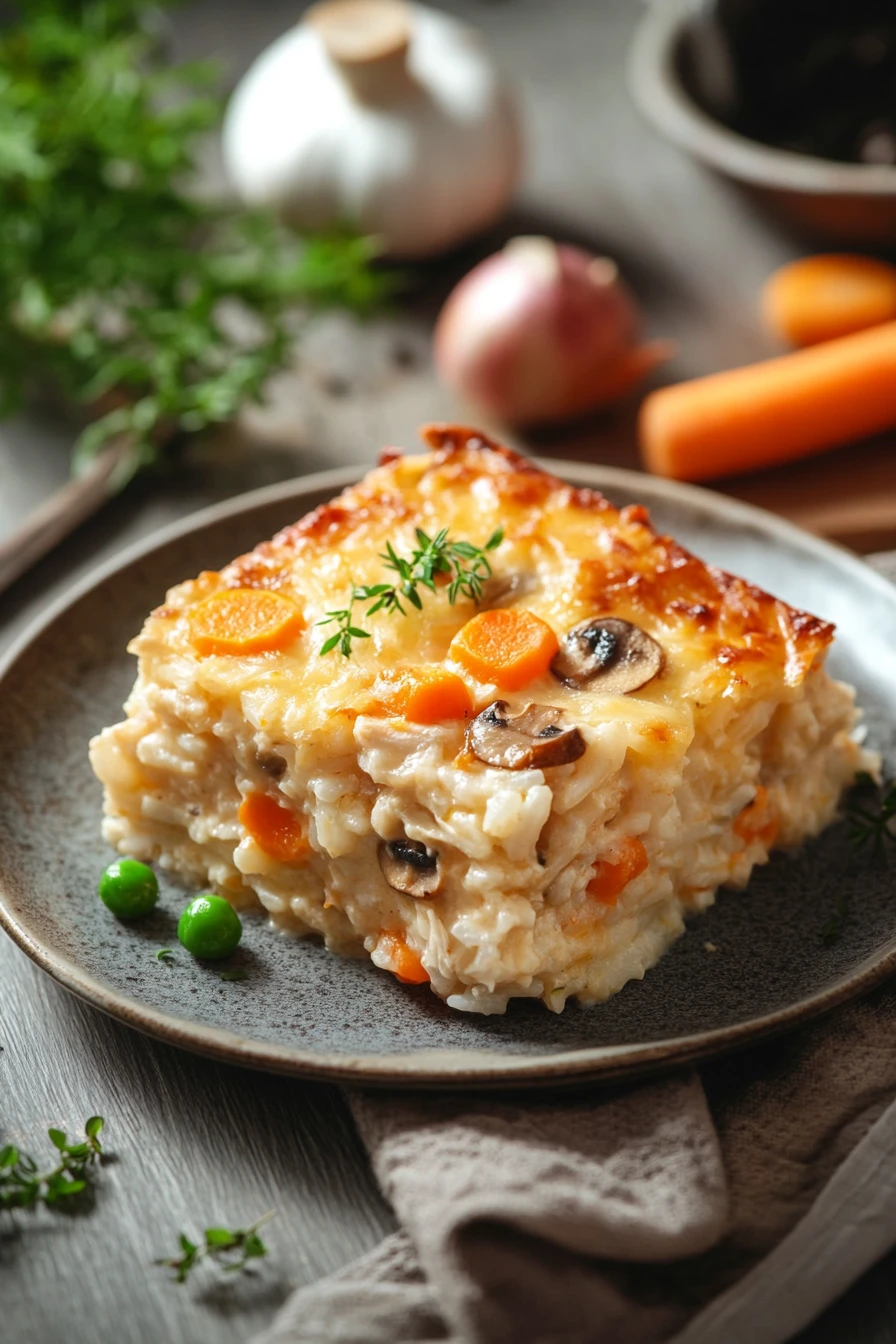 Close-up of chicken rice casserole with creamy sauce, garnished with herbs