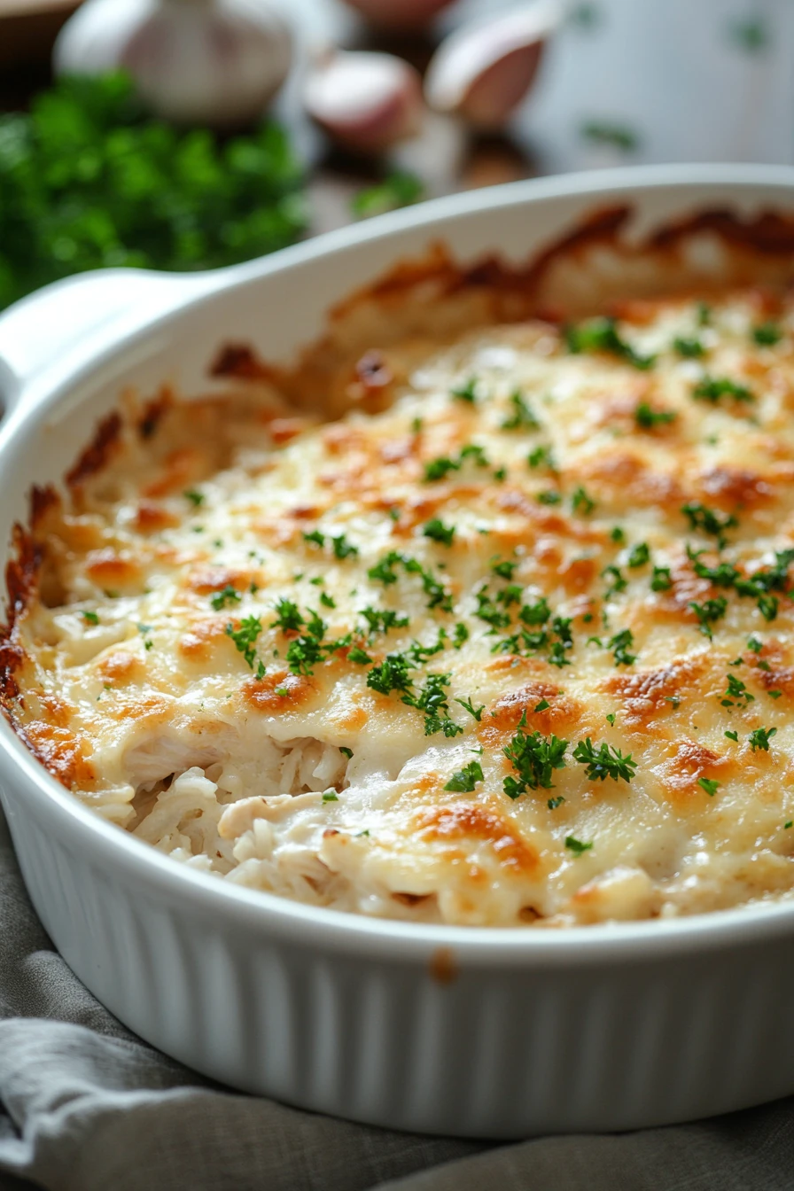 Close-up of chicken rice casserole topped with parmesan cheese in a warm, bright setting.