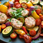 Close-up of chicken sausage on a sheet pan with roasted vegetables