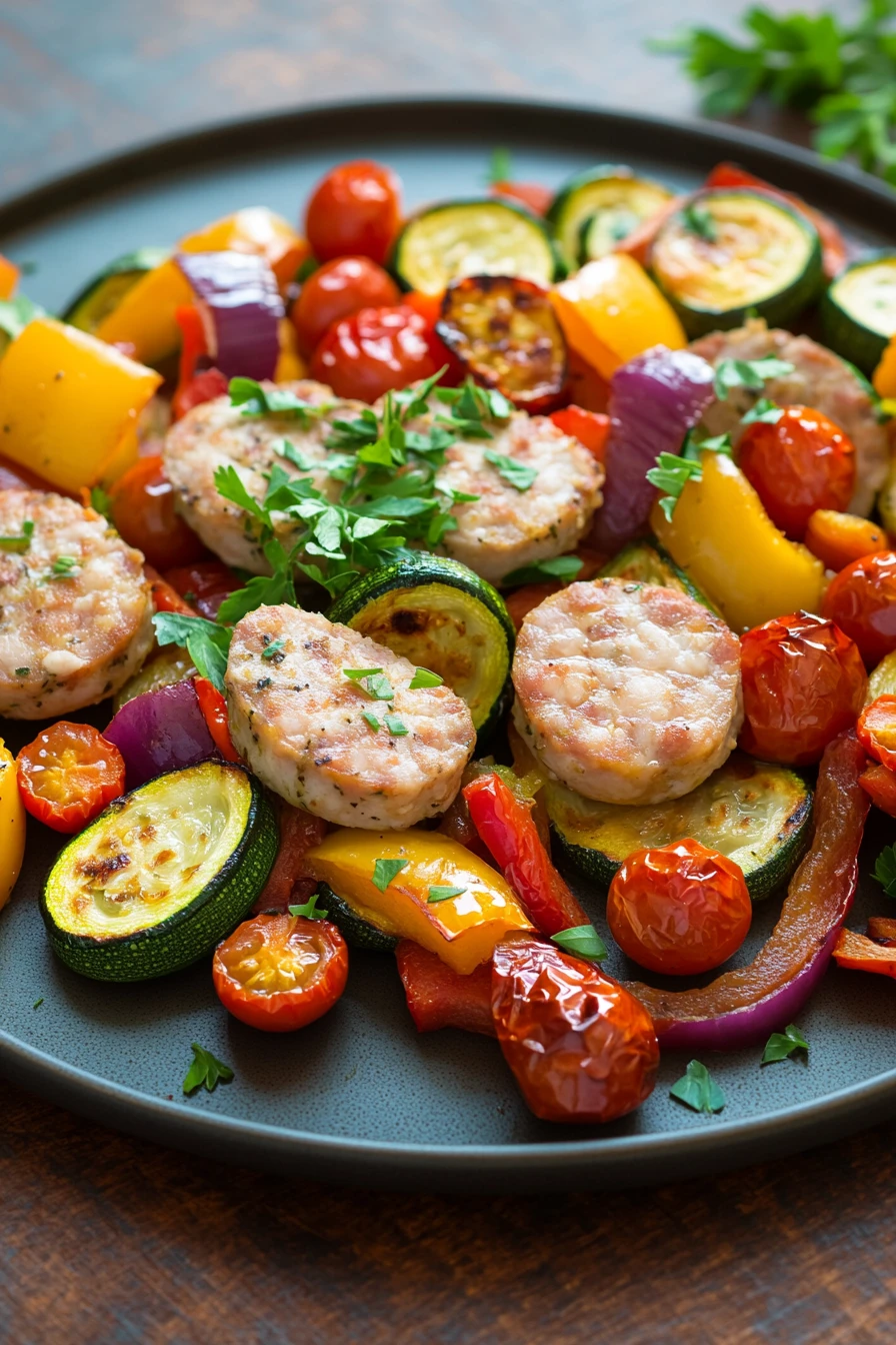 Close-up of chicken sausage on a sheet pan with roasted vegetables
