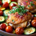 Close-up of a chicken sheet pan dinner with zucchini, featuring bright and appetizing presentation.