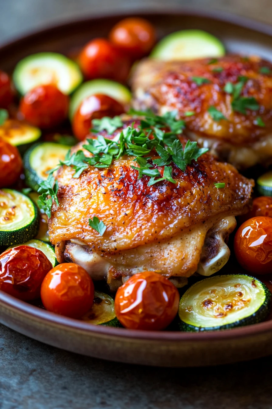 Close-up of a chicken sheet pan dinner with zucchini, featuring bright and appetizing presentation.