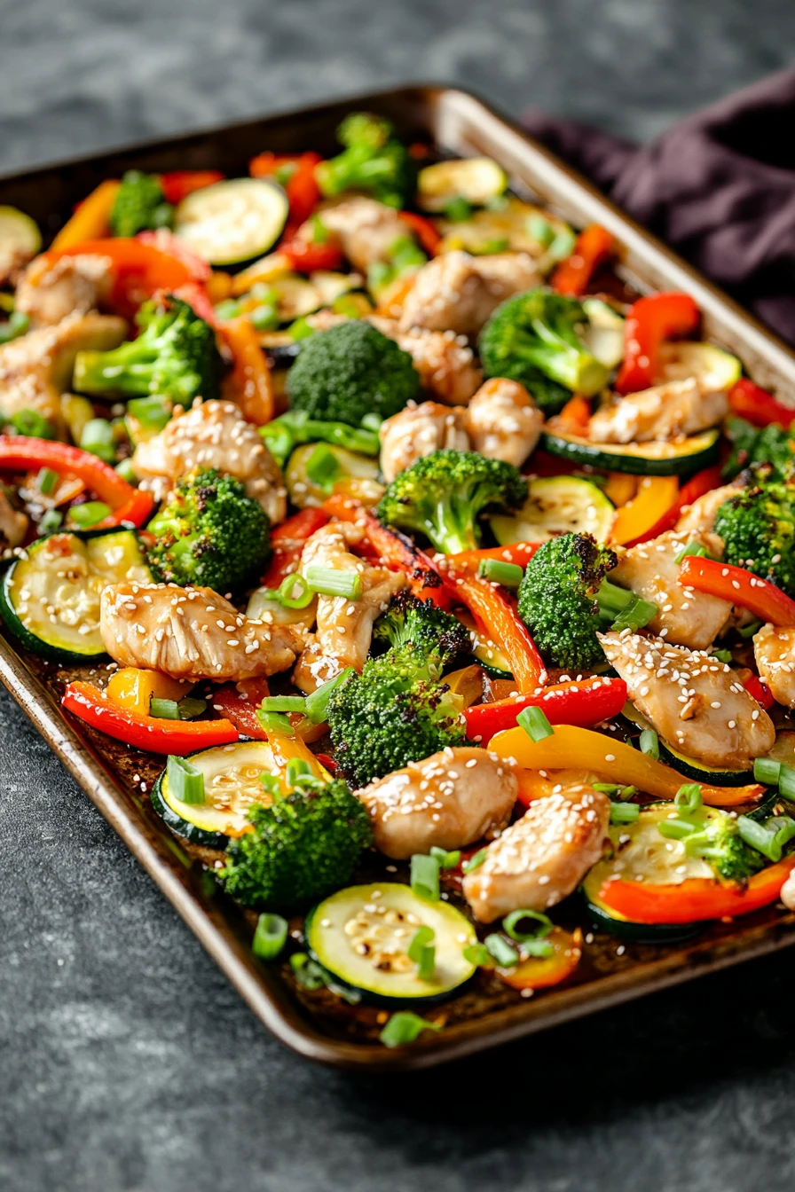 Close-up of chicken stir fry with vegetables on a sheet pan, vibrant and appetizing.