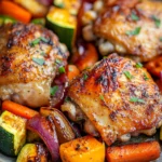 Close-up of a delicious chicken thigh dinner cooked in an air fryer with golden crispy skin.