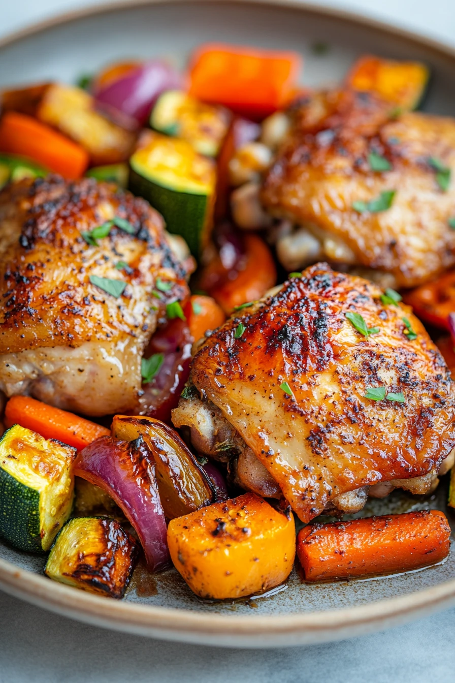 Close-up of a delicious chicken thigh dinner cooked in an air fryer with golden crispy skin.