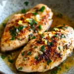 Close-up of chicken under a skillet with lemon pan sauce, garnished with herbs