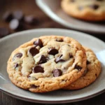 Close-up of freshly baked chocolate chip cookies on a white background
