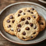 Close-up of freshly baked chocolate chip cookie dough cookies on a clean white background.