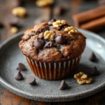 Close-up of a chocolate chip muffin with yogurt on a clean background