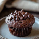 Close-up of a chocolate muffin without oil, showcasing rich textures and a minimal background.