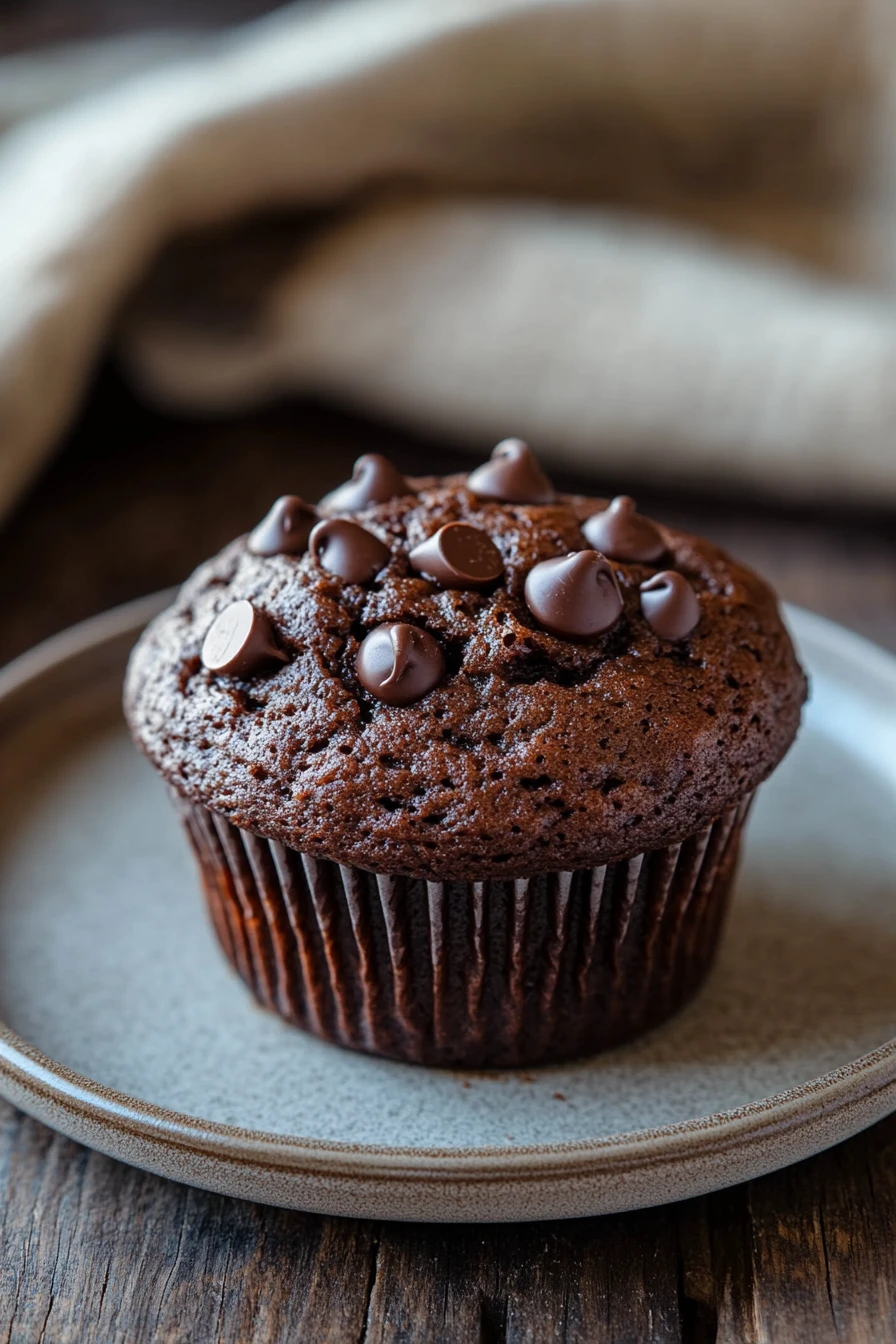Close-up of a chocolate muffin without oil, showcasing rich textures and a minimal background.