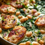 Close-up of a creamy bean and spinach chicken sausage skillet with vibrant colors and textures.