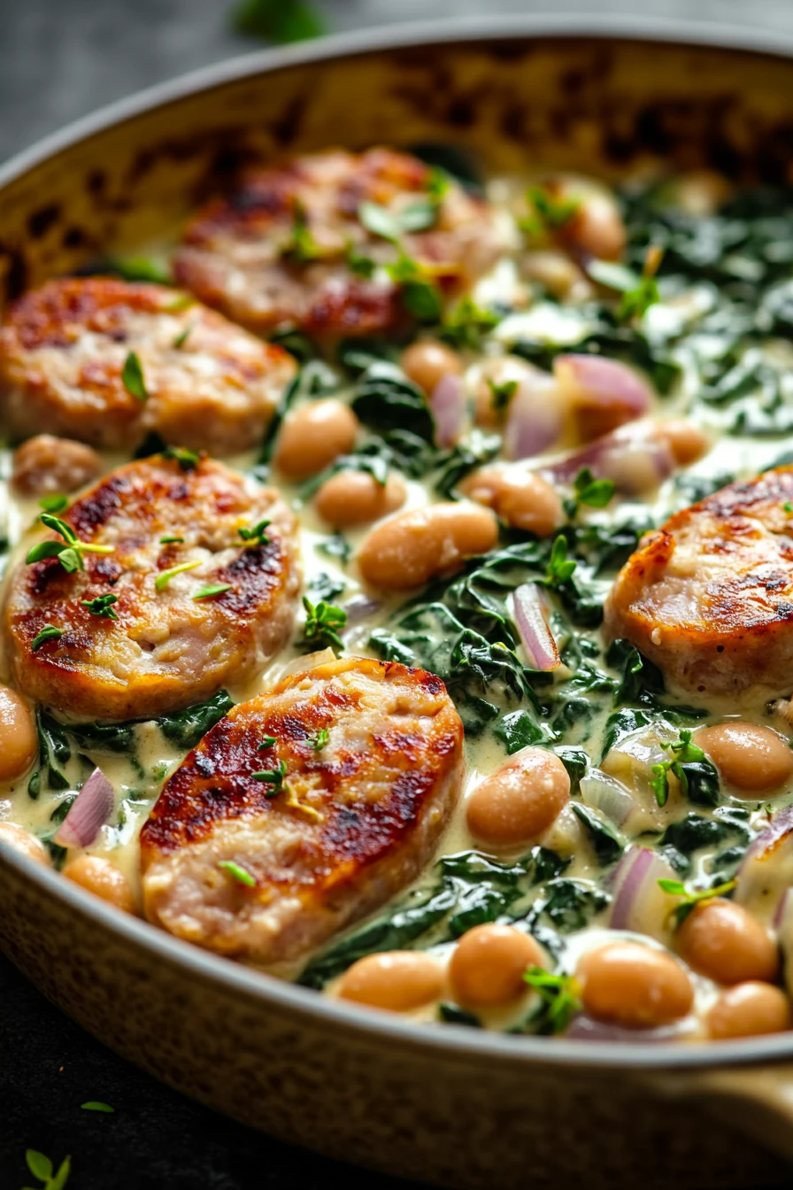 Close-up of a creamy bean and spinach chicken sausage skillet with vibrant colors and textures.