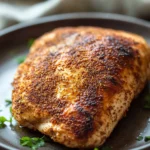 Close-up of creamy crock pot chicken breast with herbs in bright lighting