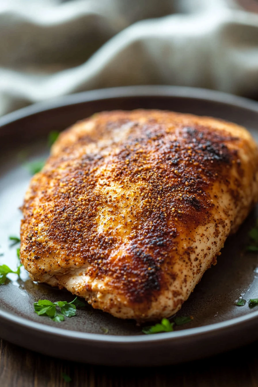 Close-up of creamy crock pot chicken breast with herbs in bright lighting