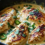 Close-up of a creamy jalapeño chicken skillet with bright, warm lighting and clean background.