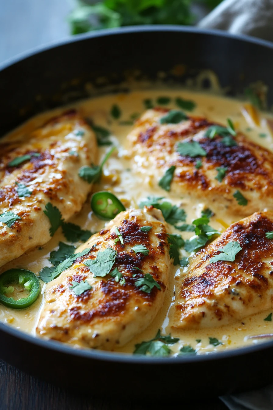 Close-up of a creamy jalapeño chicken skillet with bright, warm lighting and clean background.